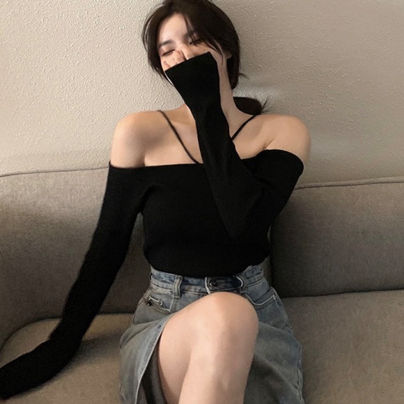 Off shoulder knit top black sexy strap thin sweater - Picture 1 of 7